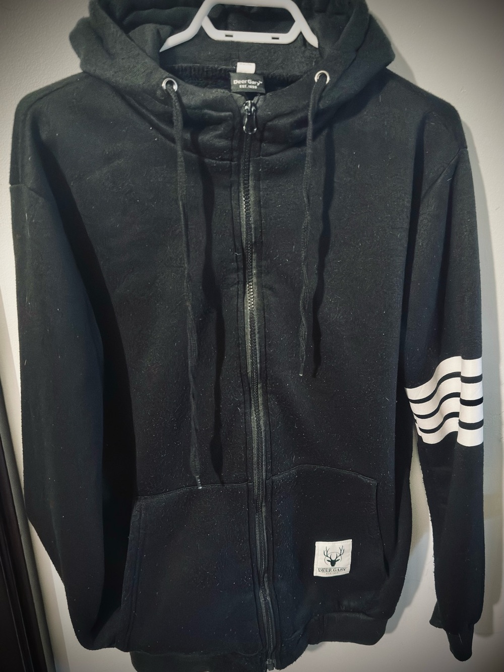 Black Full-Zip Hoodie Jacket with Striped Sleeve Detail